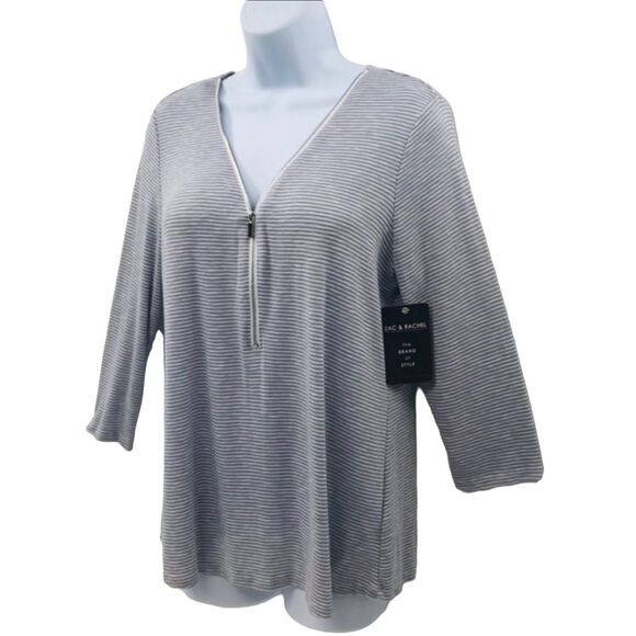 Zac & Rachel Gray and White Striped Zipper Front Top - Picture 4 of 11